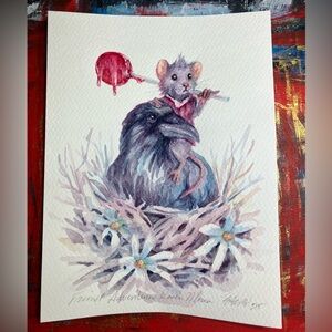 Raven Original Painting mouse lollipop Animals bird art surrealism Artettina US